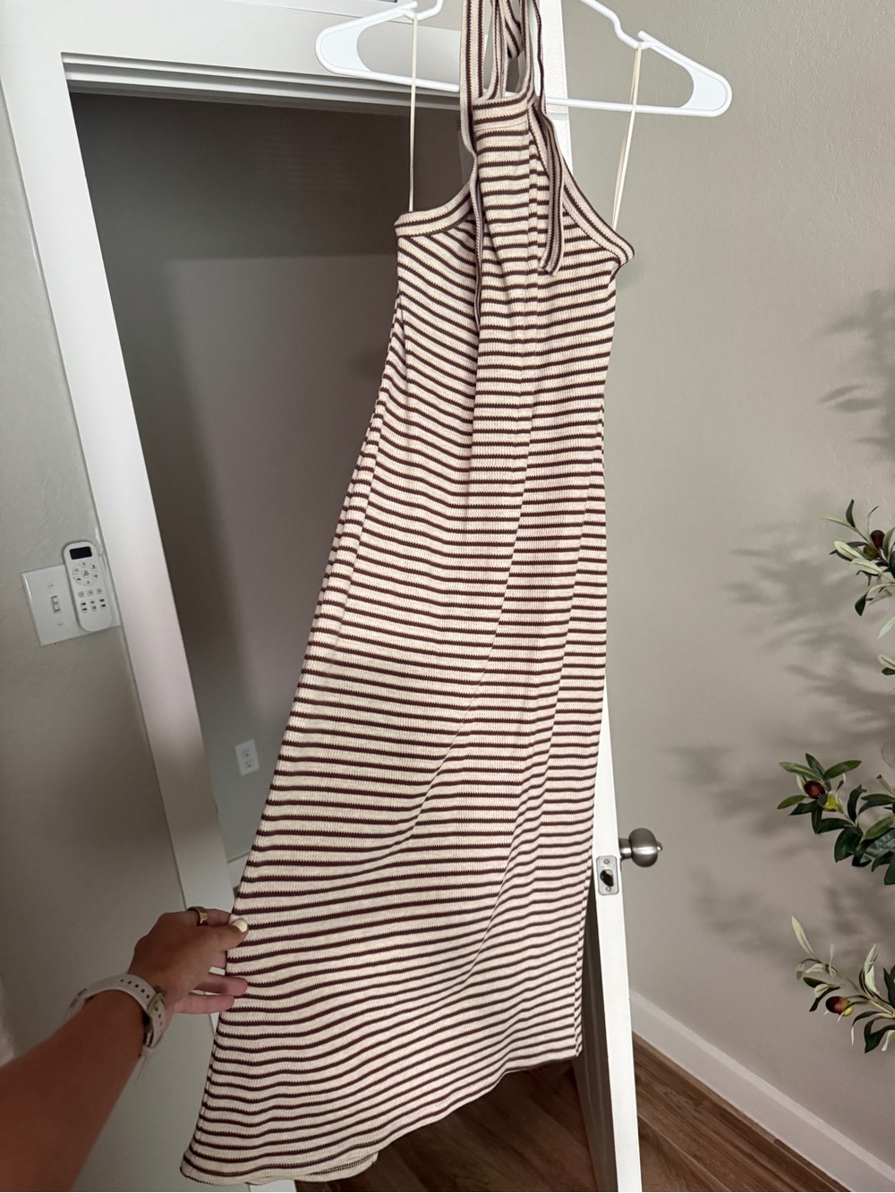One-Shoulder Striped Midi Halter Dress in Beige and Brown